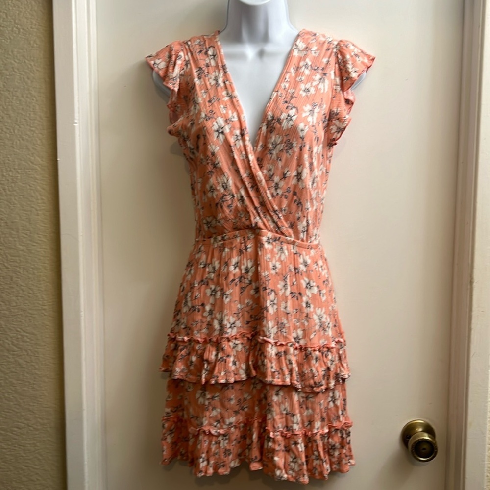 Blue B Collection V Neck Floral Print Ruffle Dress - Size Small